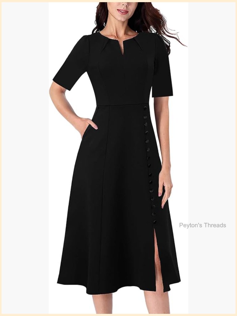 Women's Pleated Notch V-Neck A-Line Midi Dress With Pockets